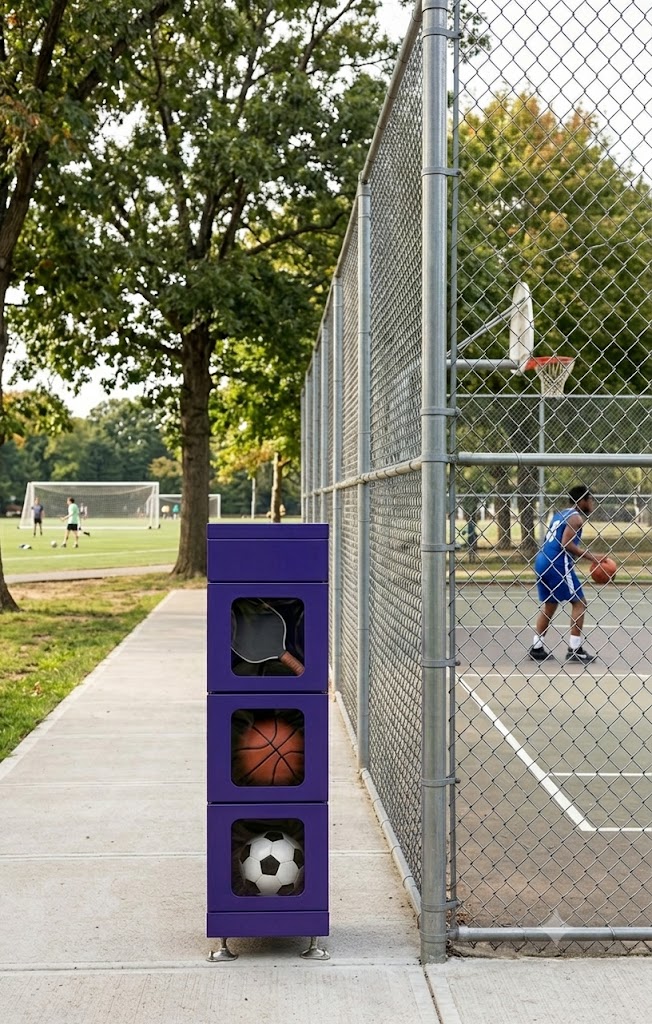 A purple Accessa sports equipment locker beside a park basketball court with balls and a paddle visible inside
