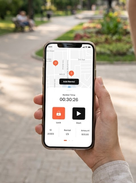 A hand holding a smartphone running the Accessa rental app outdoors in a park