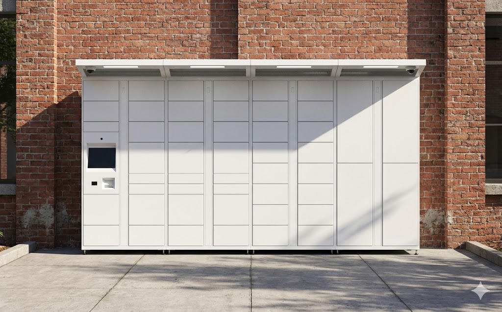 Smart locker system in a modern building lobby