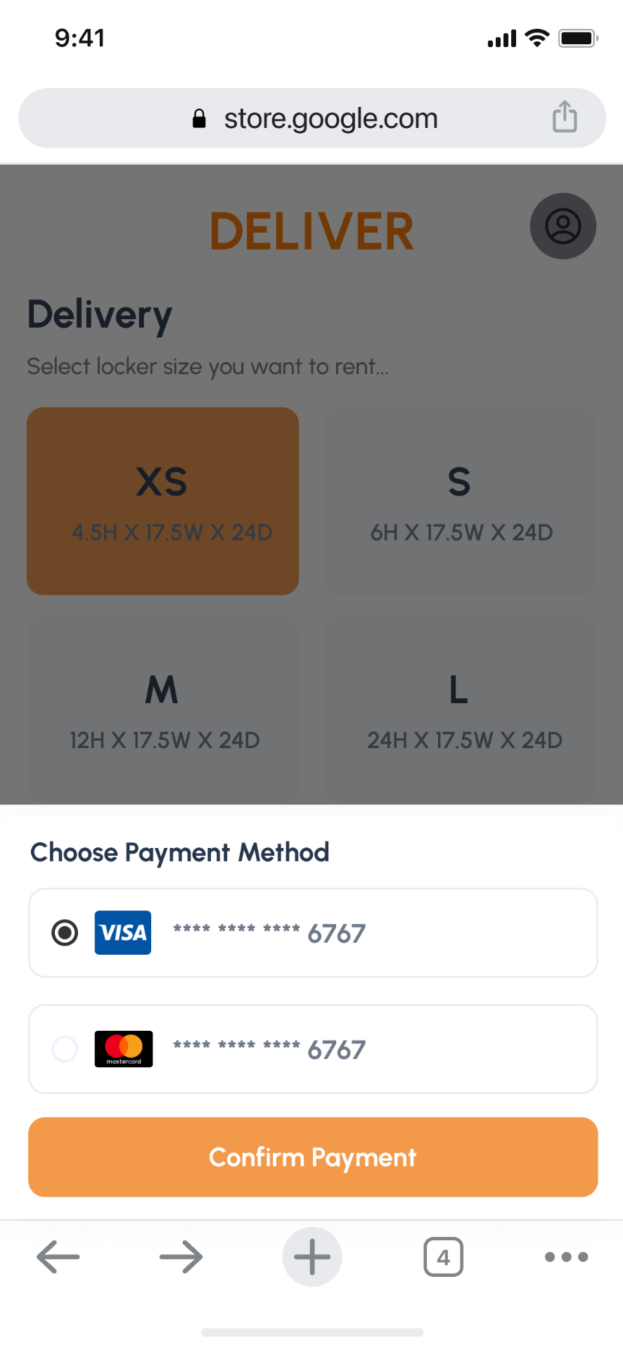 Delivery mode app screen