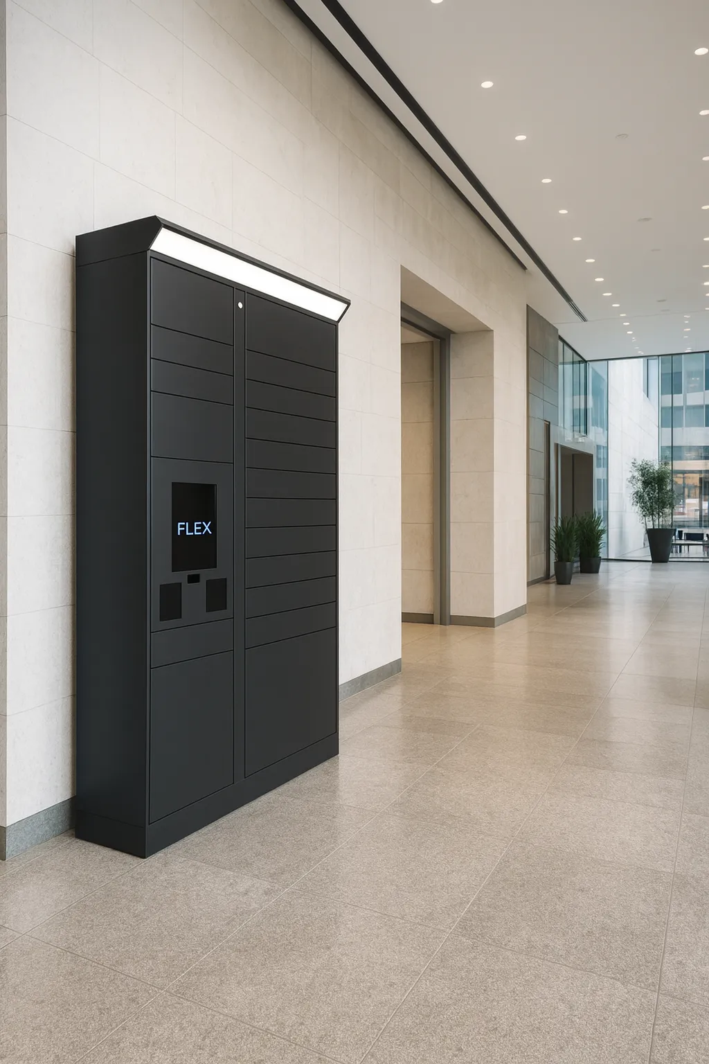FLEX smart locker system installed in a building lobby entrance