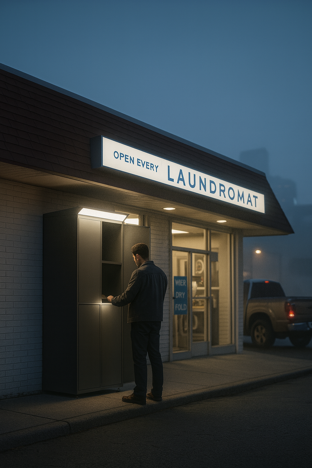 Smart laundry locker installation with touchscreen kiosk