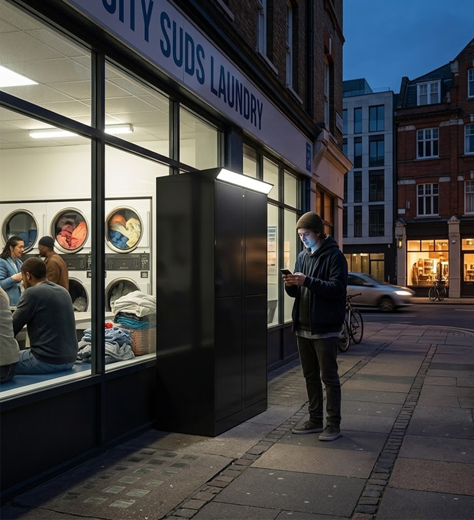 Smart laundry locker on city street outside laundromat for 24/7 pickup