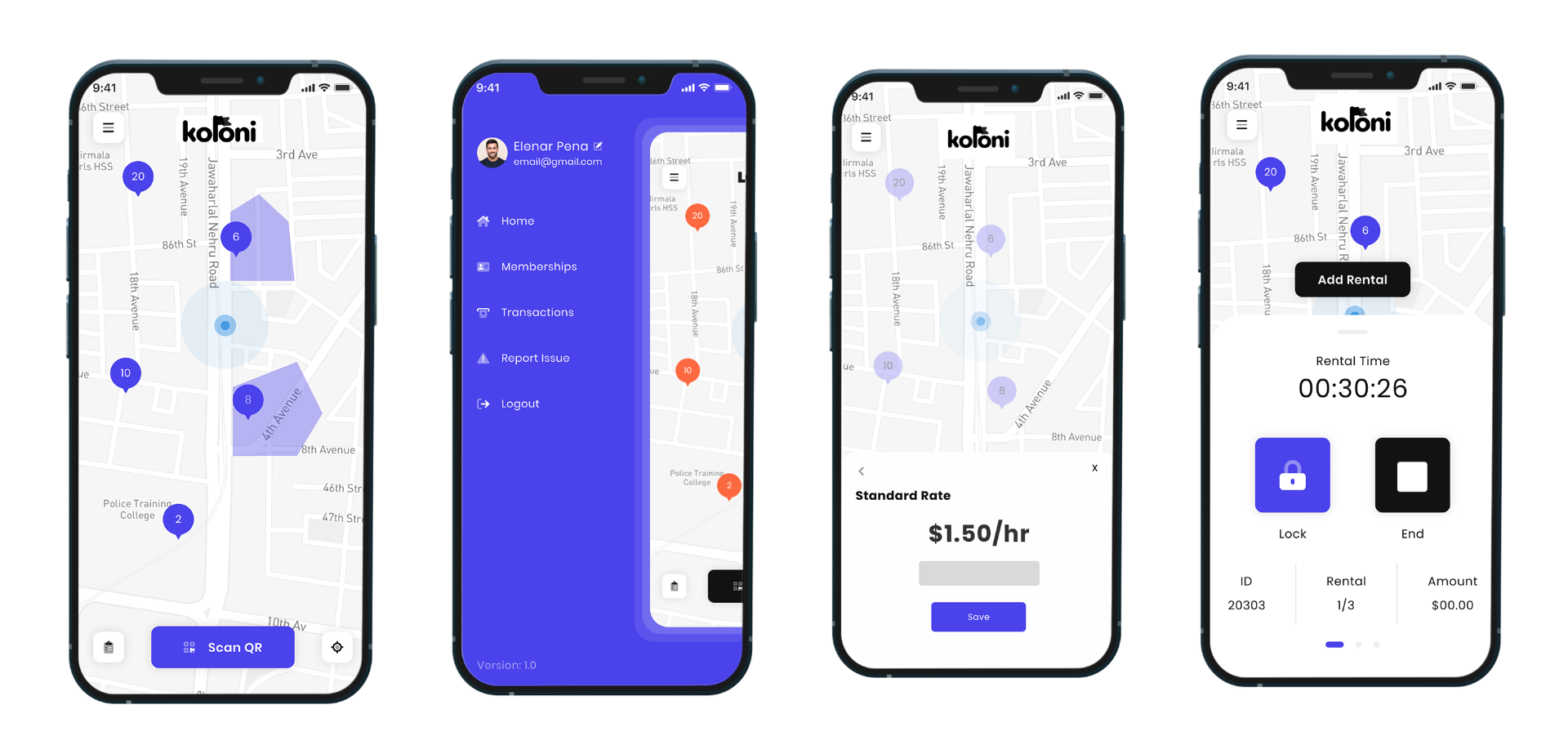 Koloni mobile app for bike and scooter rental booking