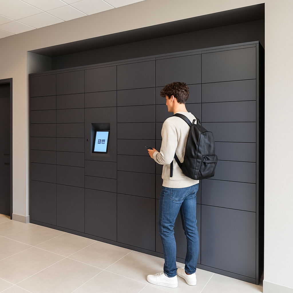 Smart parcel delivery lockers in apartment building lobby